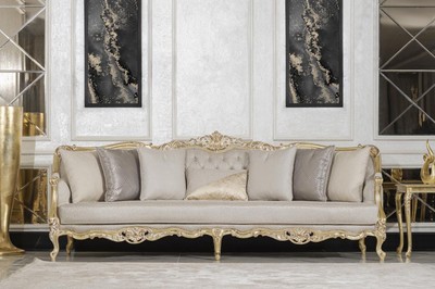 Casa Padrino Luxus Barock Wohnzimmer Sofa Grau / Gold 292 cm - Barock Möbel