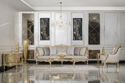 Casa Padrino Luxus Barock Wohnzimmer Sofa Grau / Gold 292 cm - Barock Möbel