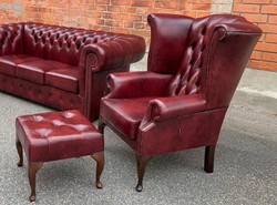 Casa Padrino luxury Chesterfield leather wing armchair with stool bordeaux red