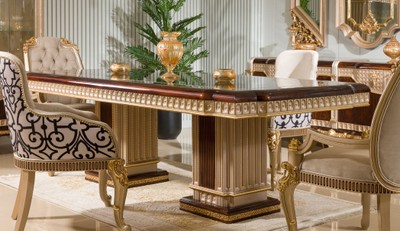 Prunkvoller Luxus Barock Massivholz Esstisch Dunkelbraun Grau Gold