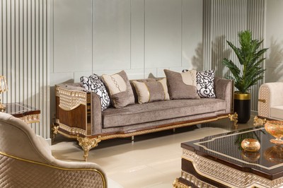 Casa Padrino Luxus Barock Sofa Grau / Dunkelbraun / Gold 265 cm - Barock Möbel