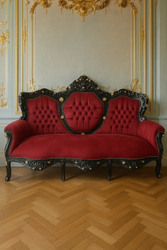 Prunkvolles Barock 3er Samt Sofa Bordeauxrot Schwarz Gold