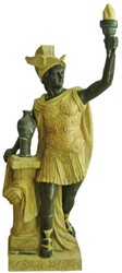 Casa Padrino Scultura in Marmo in Stile Antico Romano con Fiaccola Sinistra Giallo / Grigio A. 150 cm
