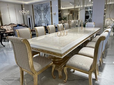 Luxus Barock Massivholz Esstisch Küchentich Creme Weiß Gold