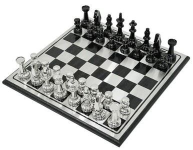 Casa Padrino conjunto de ajedrez de lujo negro / plata - Conjunto de ajedrez de madera - Tablero de ajedrez con piezas de ajedrez