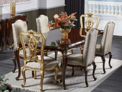 Prunkvolles Barock Esszimmer Set Barock Esstisch und 6 Stühle Dunkelbraun Silber Gold