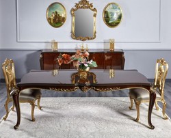 Prunkvolles Barock Esszimmer Set Barock Esstisch und 6 Stühle Dunkelbraun Silber Gold