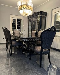 Casa Padrino set da pranzo barocco di lusso nero / argento - 1 Tavolo da Pranzo Barocco e 6 Sedie da Pranzo Barocche