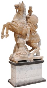 Prunkvolle Antik Stil Marmor Garten Deko Skulptur Figur römischer Soldat auf Pferd mit Sockel Beige Weiß Schwarz