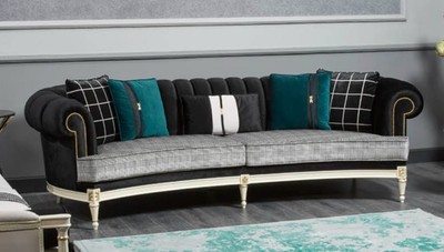 Gebogenes Luxus Barock Wohnzimmer Sofa Schwarz Grau Weiß Gold