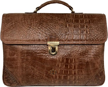 Casa Padrino maletín de lujo para hombre de cuero genuino con aspecto de cocodrilo marrón / oro 42 cm - Hecho en Italia