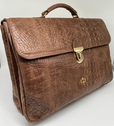 Casa Padrino mallette de luxe pour hommes en cuir véritable en aspect crocodile marron / or 42 cm - Fabriqué en Italie