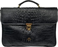 Casa Padrino maletín de lujo para hombre de cuero genuino con aspecto de cocodrilo negro / oro 42 cm - Hecho en Italia