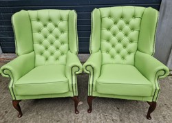 Luxus Chesterfield Leder Echtleder Ohrensessel Hellgrün Dunkelbraun