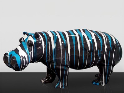 Casa Padrino scultura decorativa XXL ippopotamo nero / blu / bianco 175 cm - Figura decorativa da giardino a grandezza naturale
