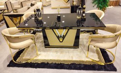 Rechteckiger Luxus Teppich Creme Gold Schwarz