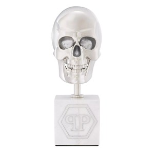 Philipp Plein calavera decorativa de diseño de lujo platino / blanco A. 20 cm - escultura de calavera hecha con base de mármol