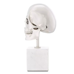 Philipp Plein calavera decorativa de diseño de lujo platino / blanco A. 20 cm - escultura de calavera hecha con base de mármol