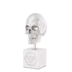 Philipp Plein calavera decorativa de diseño de lujo platino / blanco A. 20 cm - escultura de calavera hecha con base de mármol