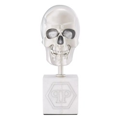 Philipp Plein calavera decorativa de diseño de lujo platino / blanco A. 20 cm - escultura de calavera hecha con base de mármol