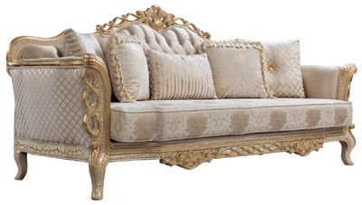 Magnifico divano da soggiorno barocco di lusso bianco oro antico
