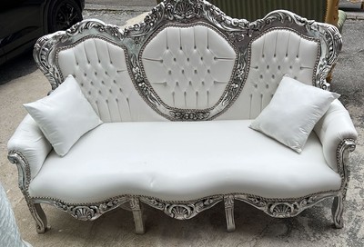 Casa Padrino divano barocco in pelle artificiale bianco / argento 180 cm - Mobile da soggiorno barocco