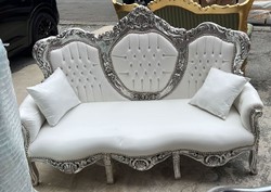 Barock Kunstleder Wohnzimmer Weiß Silber