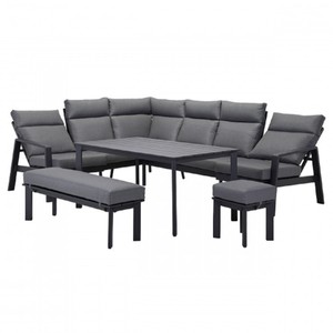 Casa Padrino Luxus Garten Möbel Set Grau - 1 Tisch & 1 Ecksofa & 1 Sitzbank & 1 Hocker