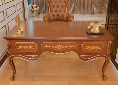 Luxus Barock Massivholz Schreibtisch Braun Gold