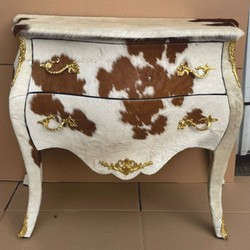 Barock Kuhfell Kommode mit 2 Schubladen Weiß Braun Gold
