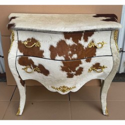 Barock Kuhfell Kommode mit 2 Schubladen Weiß Braun Gold