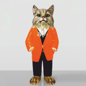 XXL Deko Skulptur Figur Katze mit Anzug Braun Orange Schwarz Weiß Gold