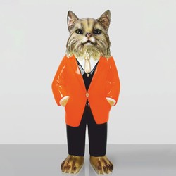 XXL Deko Skulptur Figur Katze mit Anzug Braun Orange Schwarz Weiß Gold