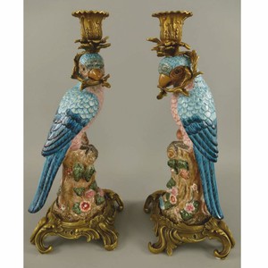 Barock Porzellan Kerzenhalter Set Vögel Blau Bunt Messing