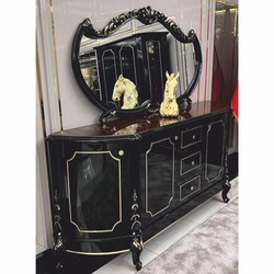 Luxus Barock Sideboard mit Spiegel Schwarz Dunkelbraun Gold