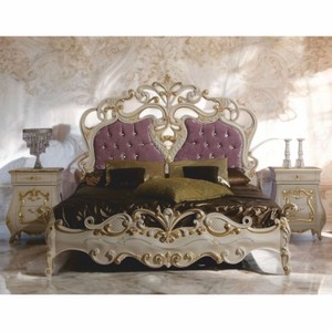 Prunkvolles Luxus Barock Doppelbett mit 2 Nachtkommoden Creme Gold Lila