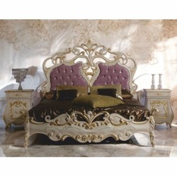 Casa Padrino lit double baroque de luxe avec 2 tables de nuit crème / or / violet - Fabriqué en Italie