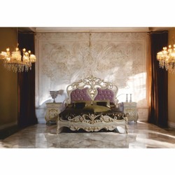 Casa Padrino lit double baroque de luxe avec 2 tables de nuit crème / or / violet - Fabriqué en Italie