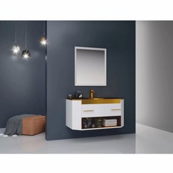 Luxus Badezimmer Set Waschtisch mit LED Spiegel Hochglanz Weiß Gold