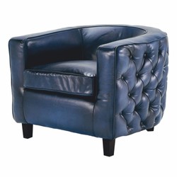 Casa Padrino fauteuil Chesterfield de luxe en cuir véritable bleu / noir - Meubles en cuir