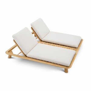 Casa Padrino Luxus Teakholz Doppel Gartenliege Naturfarben / Sandfarben - Luxus Poolliege