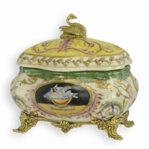 Casa Padrino Baroque Porcelain Tea Caddy Colorful / Brass H. 17 cm - Decorative Accessories