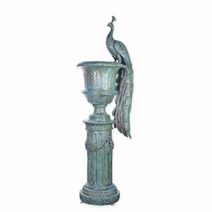 Casa Padrino jarrón de flores de bronce con columna y pavo real de jardín barroco turquesa antiguo A. 238 cm