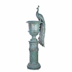 Barock Garten Terrassen Deko Bronze Blumenvase mit Säule und Pfau Antik Türkis