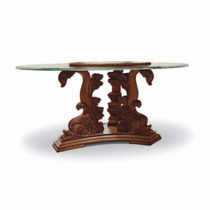 Runder Luxus Barock Massivholz Esstisch mit Glasplatte Braun