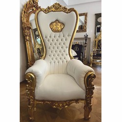 Casa Padrino baroque faux leather throne armchair and rhinestones white / gold H. 182 cm