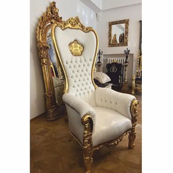 Casa Padrino baroque faux leather throne armchair and rhinestones white / gold H. 182 cm