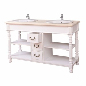Casa Padrino Landhausstil Doppel Waschtisch mit 2 Waschbecken Weiß / Naturfarben 150 cm