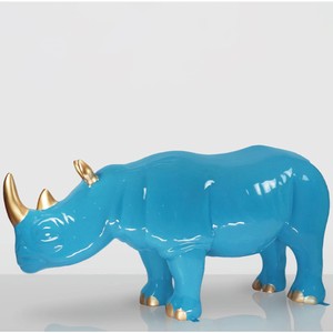 Casa Padrino XXL decorative sculpture rhinoceros light blue / gold 175 cm - Huge garden decoration figure
