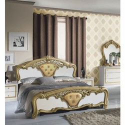 Prunkvolles Luxus Barock Doppelbett mit Glitzersteinen Weiß Gold